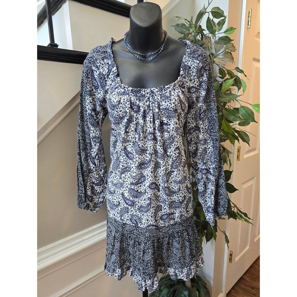 Sam Edelman Paisley Print Dress Women's XS Blue White 100% Cotton Square Neck